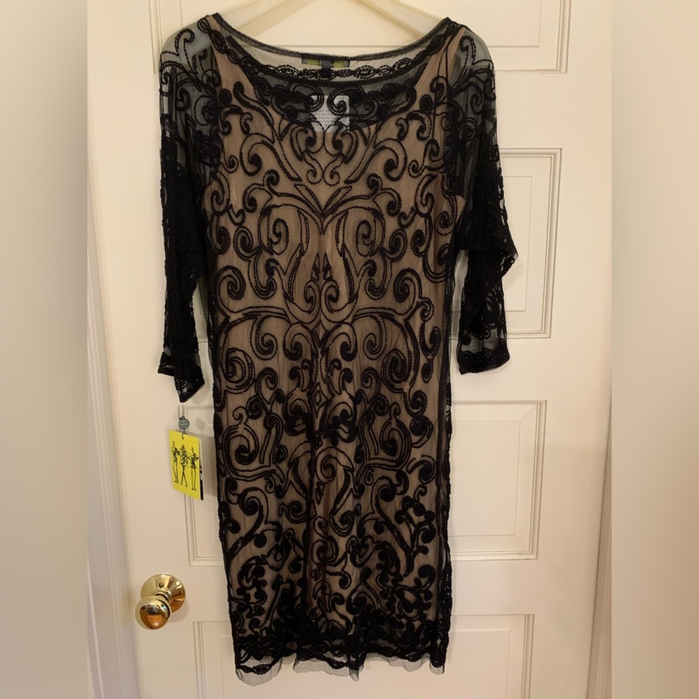 New! Black/Nude Catherine Malandrino Long Sleeve Embroidery Print Dress Size S
